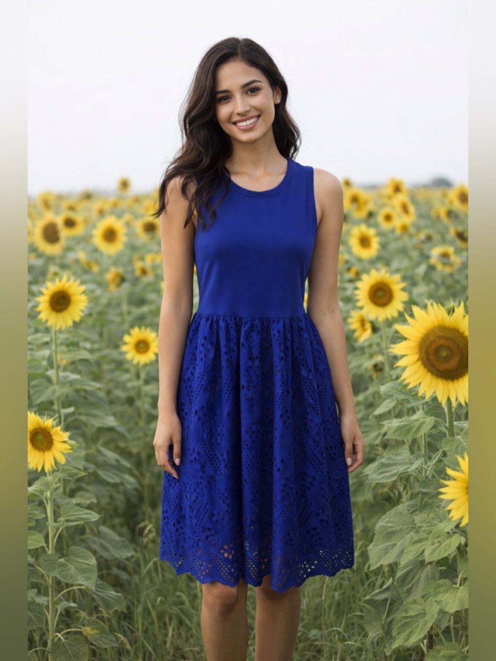 NWT Grace Karin Eyelet Knit Dress Sleeveless‎ Long Pockets Women’s Large Blue